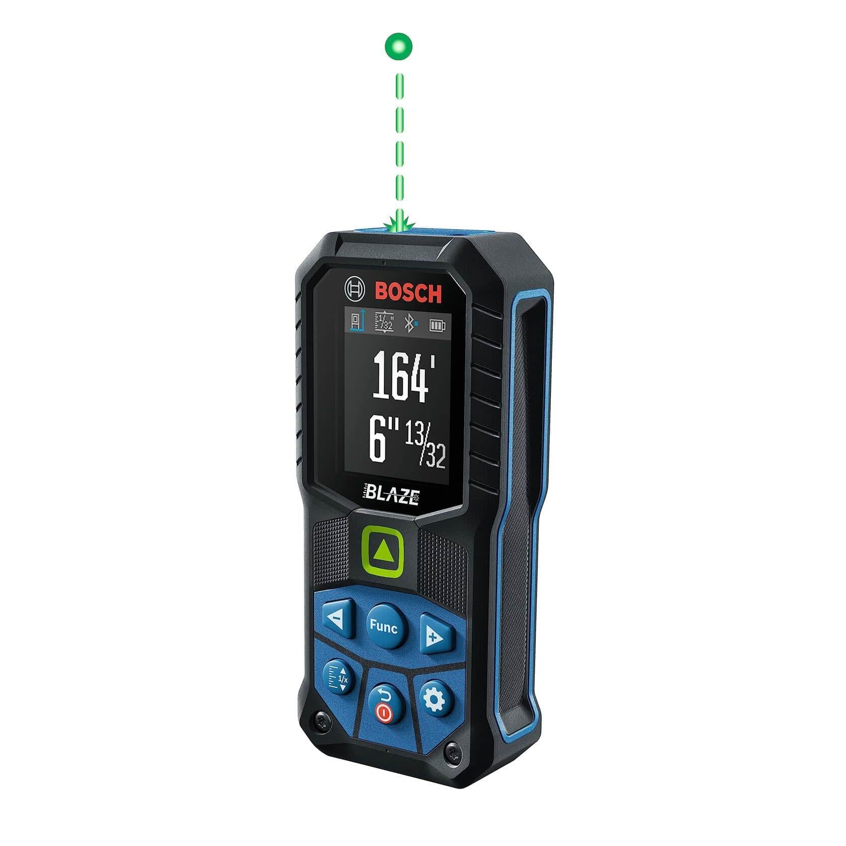 Studio shot of the Bosch BLAZE GLM165-27CGL green laser measure, showing the screen displaying a 164 foot measurement and the highly visible projected green laser dot