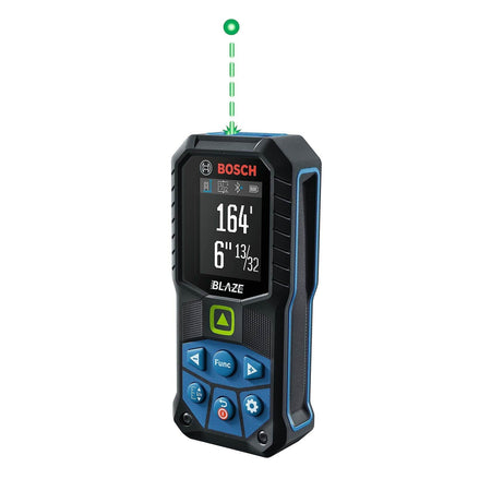 Studio shot of the Bosch BLAZE GLM165-27CGL green laser measure, showing the screen displaying a 164 foot measurement and the highly visible projected green laser dot
