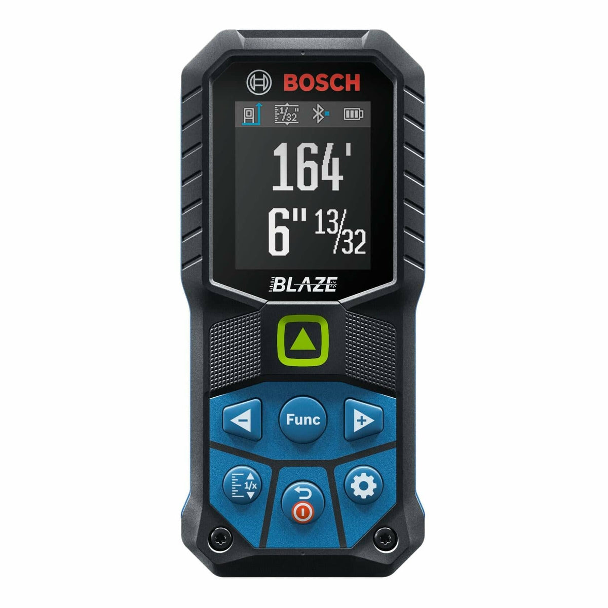 Close-up front view of the Bosch GLM165-27CGL laser measure color display, showing a measurement reading of 164 feet, 6 inches, 13/32 and connectivity status icons
