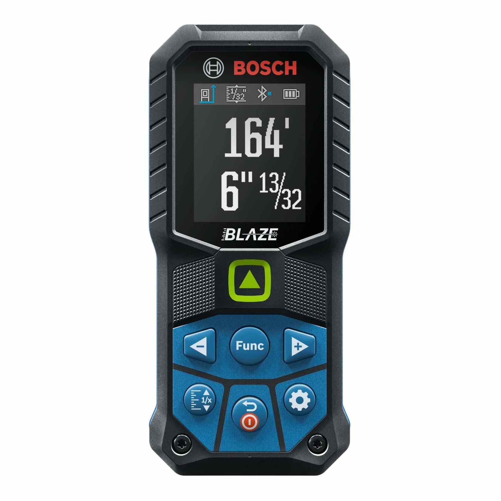 Close-up front view of the Bosch GLM165-27CGL laser measure color display, showing a measurement reading of 164 feet, 6 inches, 13/32 and connectivity status icons