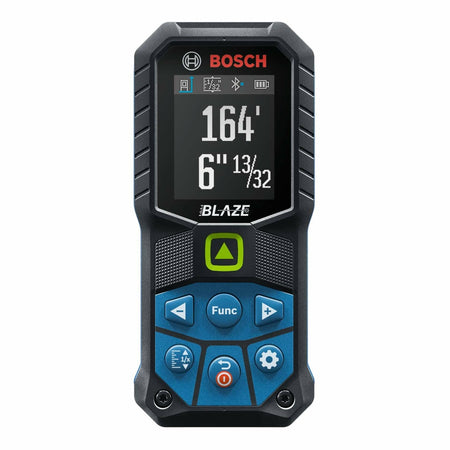 Close-up front view of the Bosch GLM165-27CGL laser measure color display, showing a measurement reading of 164 feet, 6 inches, 13/32 and connectivity status icons