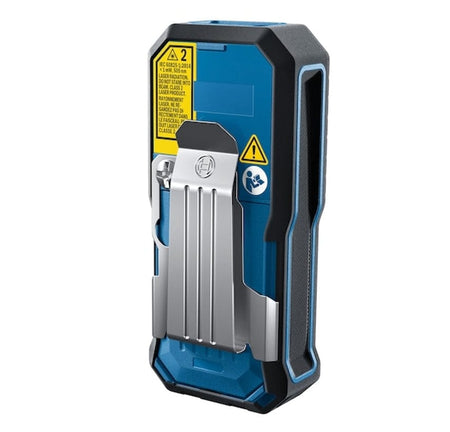 Rear view of the Bosch GLM165-27CGL laser distance measure showing the robust metal belt clip secured to the back of the rubber overmolded housing