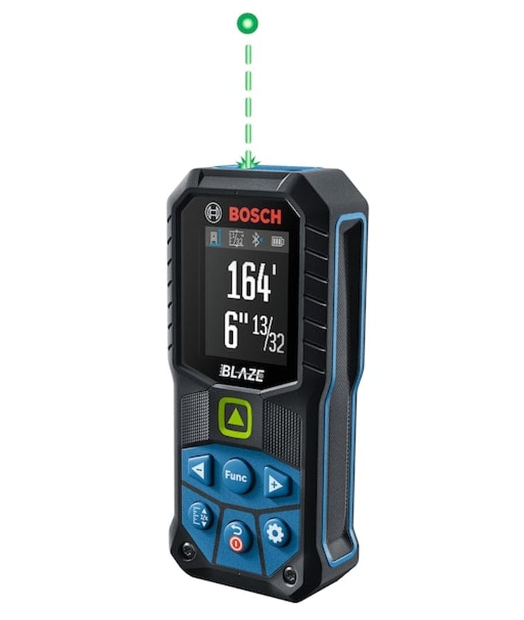 Studio shot of the Bosch BLAZE GLM165-27CG green laser distance measure, showing the screen displaying a 164 foot measurement and the projected green laser dot