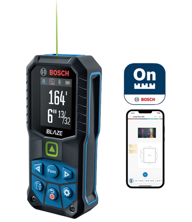 The Bosch GLM165-27CG laser measure displayed next to a smartphone, illustrating the tool's Bluetooth connectivity and digital measurement transfer capability with the Bosch MeasureOn app