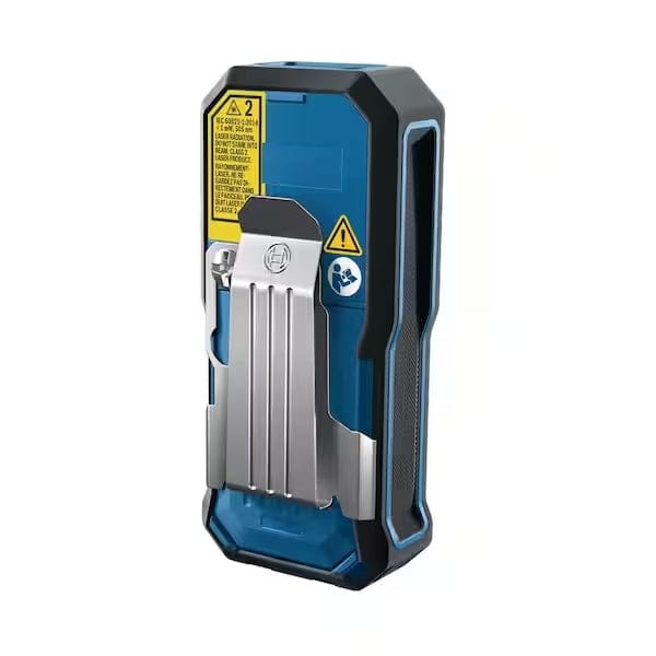 Rear view of the Bosch GLM165-27CG laser measure showing the attached metal belt clip for convenient storage and access on the jobsite