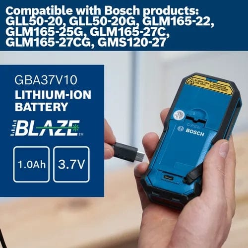 Infographic detailing the compatibility of the 3.7V 1.0 Ah GBA37V10 Lithium-Ion Battery pack with the Bosch GLM165-27CG and other laser measuring devices