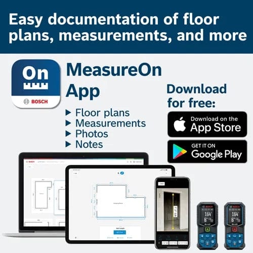 Infographic promoting the Bosch MeasureOn App, showing the digital project documentation features including floor plans and measurement transfer across smartphone, tablet, and laptop devices