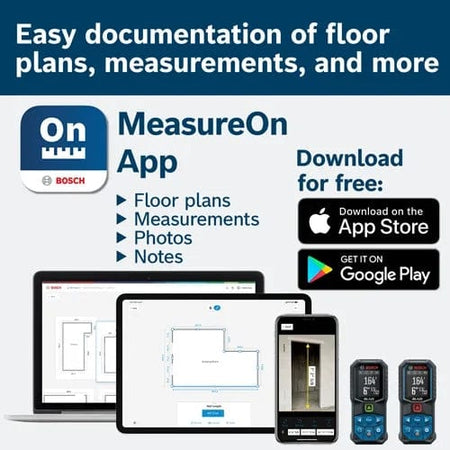 Infographic promoting the Bosch MeasureOn App, showing the digital project documentation features including floor plans and measurement transfer across smartphone, tablet, and laptop devices