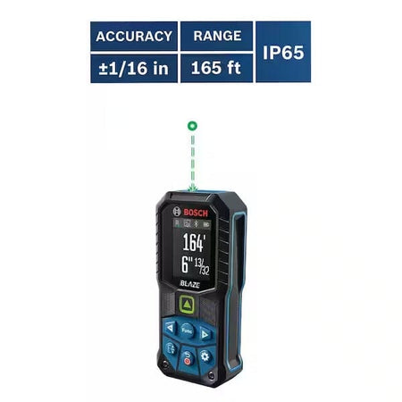 Studio shot of the Bosch GLM165-27CG laser measure with a graphic overlay highlighting key specifications: Accuracy $\pm 1/16$ inch, Range 165 feet, and IP65 protection rating