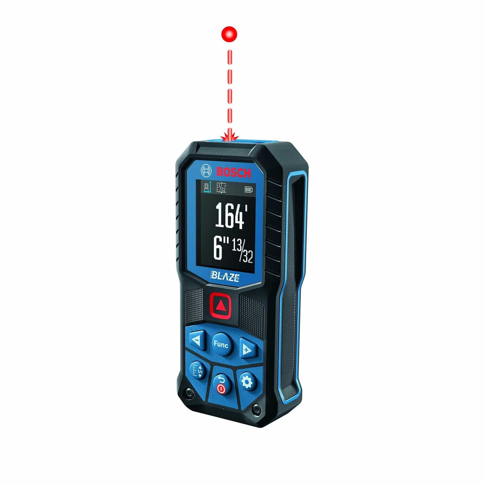 Black and blue BOSCH GLM165-22 Blaze laser distance measure displaying measurement with laser beam on white background