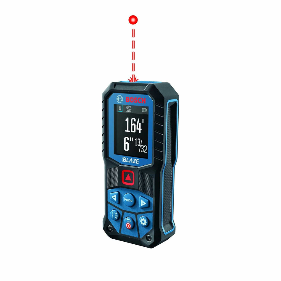 Black and blue BOSCH GLM165-22 Blaze laser distance measure displaying measurement with laser beam on white background