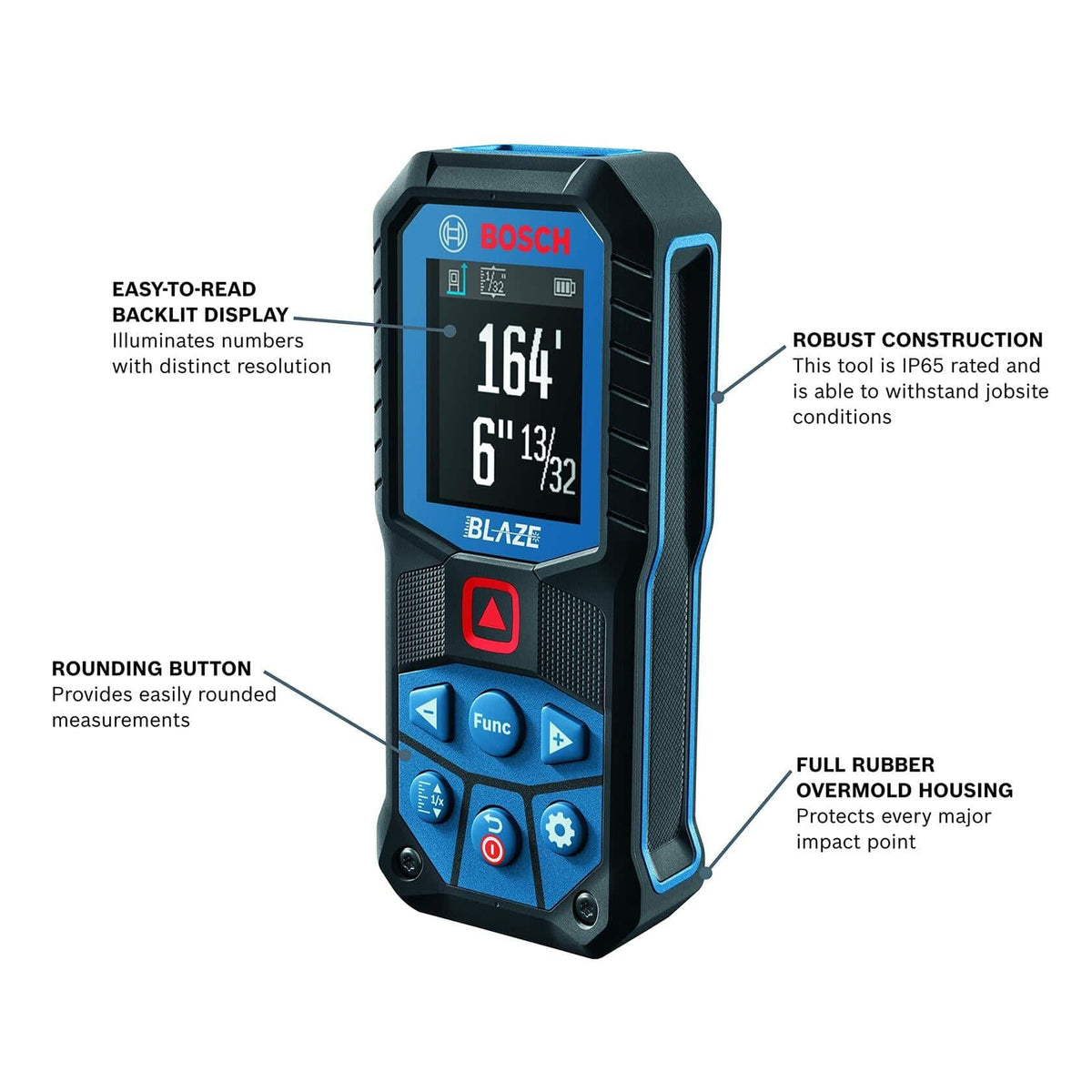 Bosch GLM165-22 Blaze laser distance measure with backlit display, rubber housing, and IP65 jobsite durability features