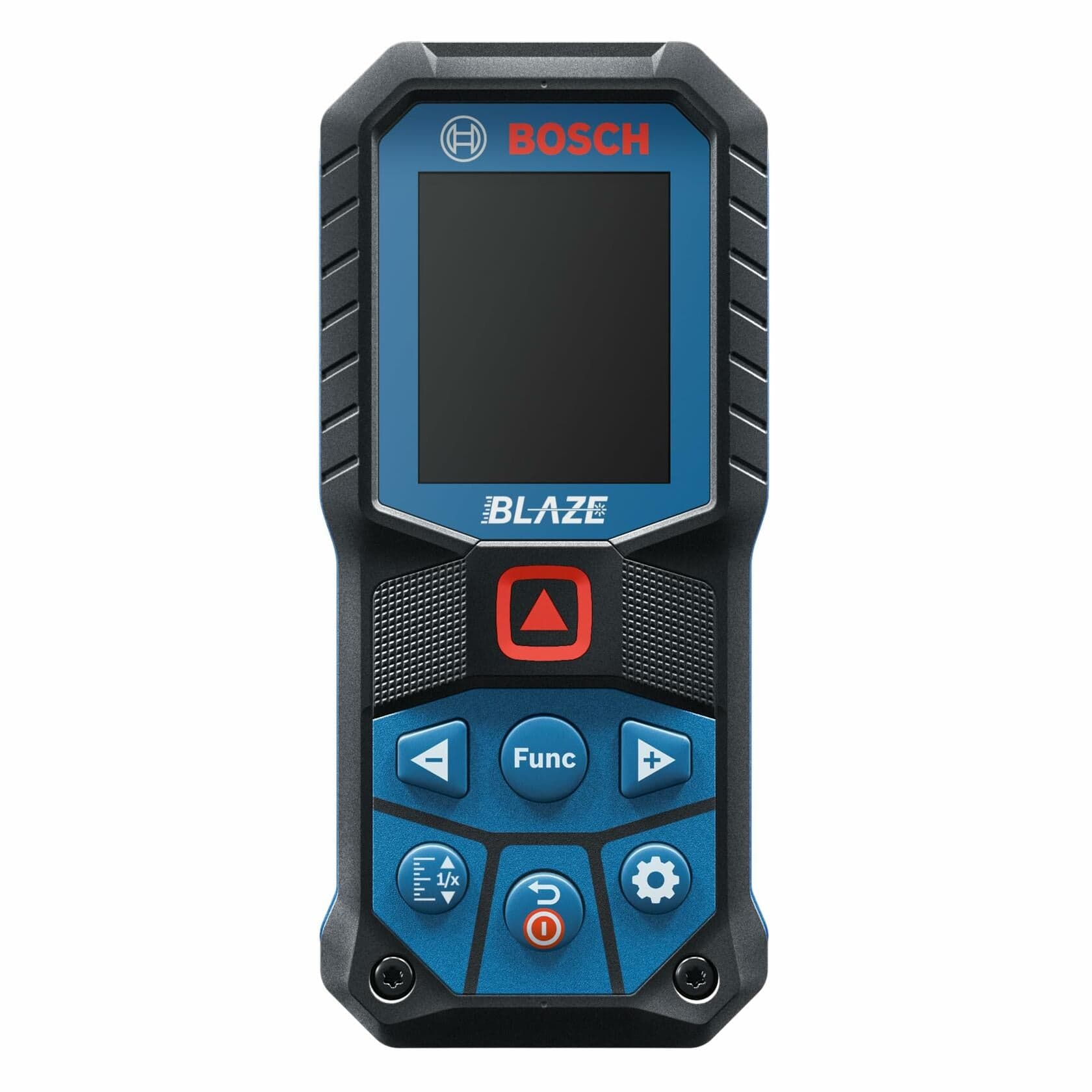 Front view of Bosch GLM165-22 Blaze laser distance measure with display and control buttons on white background
