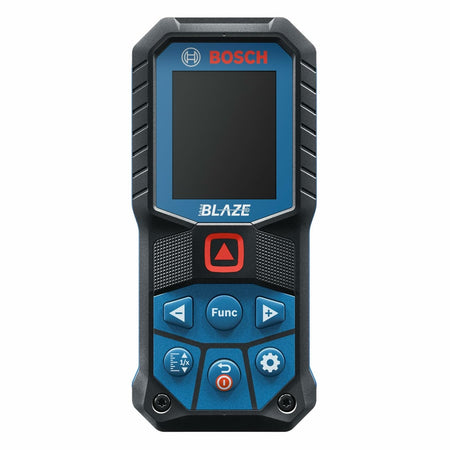 Front view of Bosch GLM165-22 Blaze laser distance measure with display and control buttons on white background