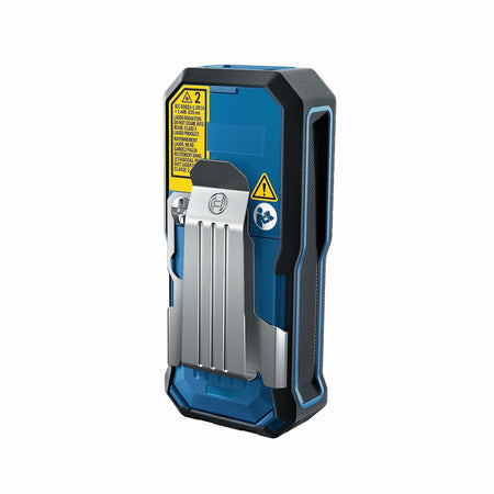 Back view of blue and black BOSCH GLM165-22 laser distance measure with metal belt clip and warning labels on white background