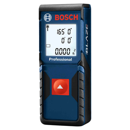 A studio product shot of the Bosch BLAZE One GLM165-10 laser distance measure featuring a backlit display showing a measurement of 165 feet and a calculated area of 0.000 square feet.