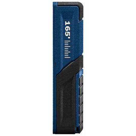 Right side profile of the Bosch GLM165-10 laser measure showing the slim design and a printed 165-foot maximum range indicator on the professional housing.