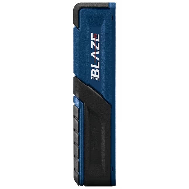 Left side view of the Bosch BLAZE One laser distance tool featuring the official BLAZE branding on a durable, ergonomic grip for indoor construction use.