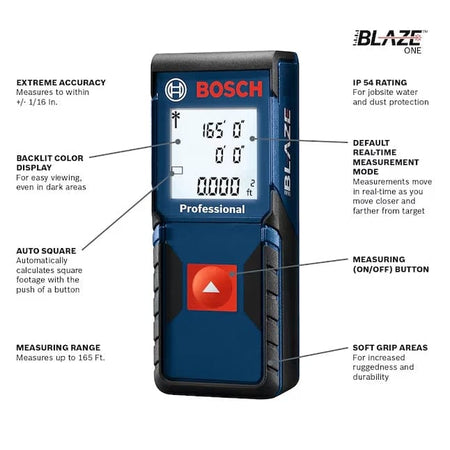 A product infographic for the Bosch BLAZE One GLM165-10 detailing its features including extreme accuracy to 1/16 inch, auto square calculation, and IP54 jobsite rating.