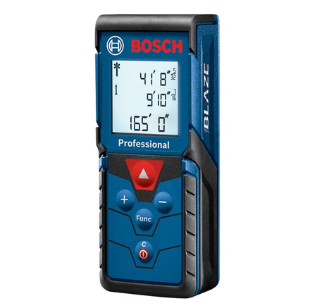 A perspective studio shot of the Bosch BLAZE Pro GLM165-40 laser distance measure highlighting its high-contrast backlit digital display showing multiple measurement readings and a rugged blue and black housing.