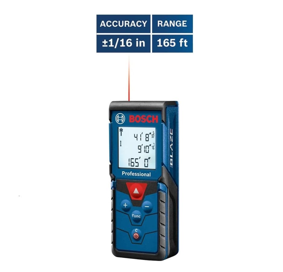 A marketing graphic for the Bosch GLM165-40 laser measure highlighting a precise accuracy of plus or minus 1/16 inch and a maximum working range of up to 165 feet.