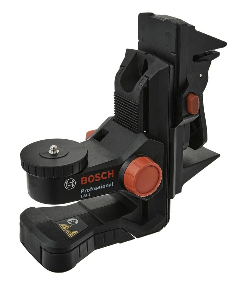 Bosch BM1 positioning device with red knobs, rotating base, and mounting brackets, designed for precise laser level placement and adjustment.