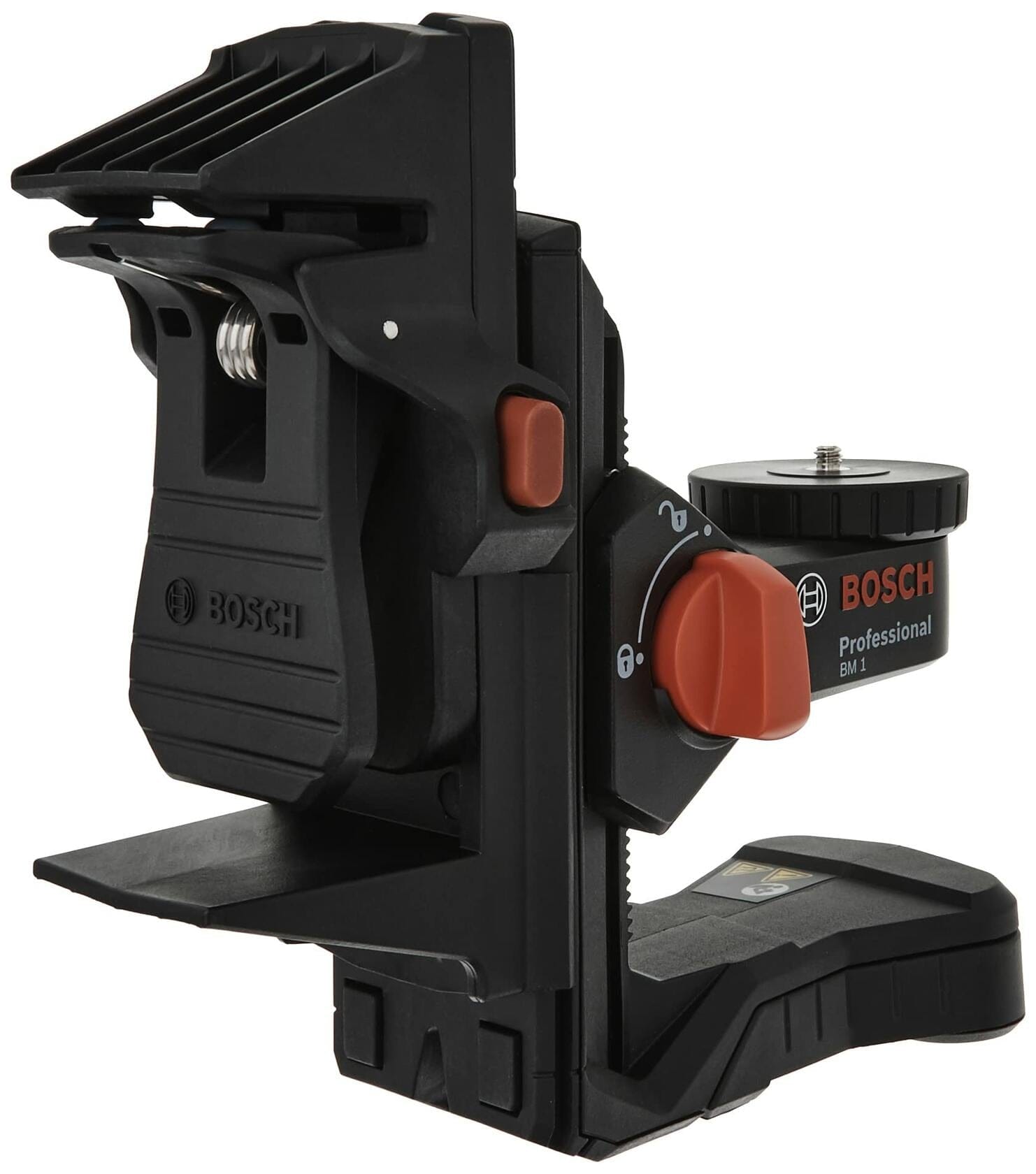 Bosch BM1 positioning device with rotating knob, sliding bracket, and clamp mechanism for precise laser alignment and secure mounting.