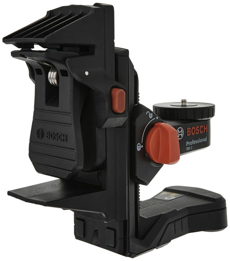 Bosch BM1 positioning device with rotating knob, sliding bracket, and clamp mechanism for precise laser alignment and secure mounting.