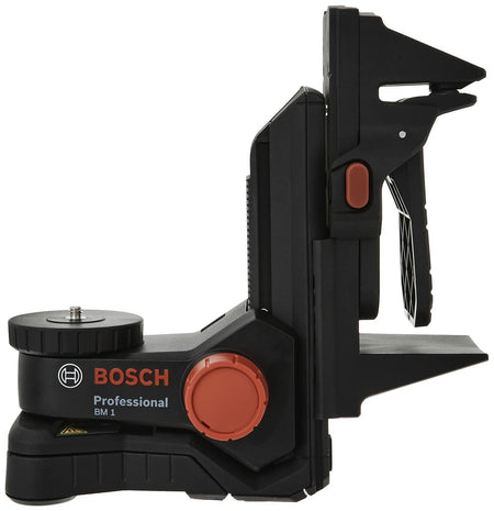 Bosch BM1 universal mount with flat base, clamp, rotating knobs, and threaded attachment point for laser levels and measuring tools.