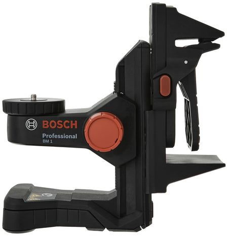 Bosch BM1 laser mounting bracket with red adjustment knobs, clamp mechanism, and threaded screw mount for secure attachment to surfaces.