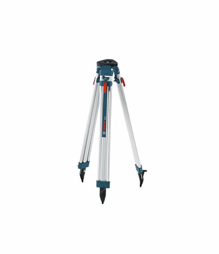 A full studio photograph of the silver and blue Bosch BT160 aluminum contractors' tripod in its standing position, showcasing its flat triangular mounting head, red quick-clamp release levers, and pointed black metal feet shoes against a solid white background.