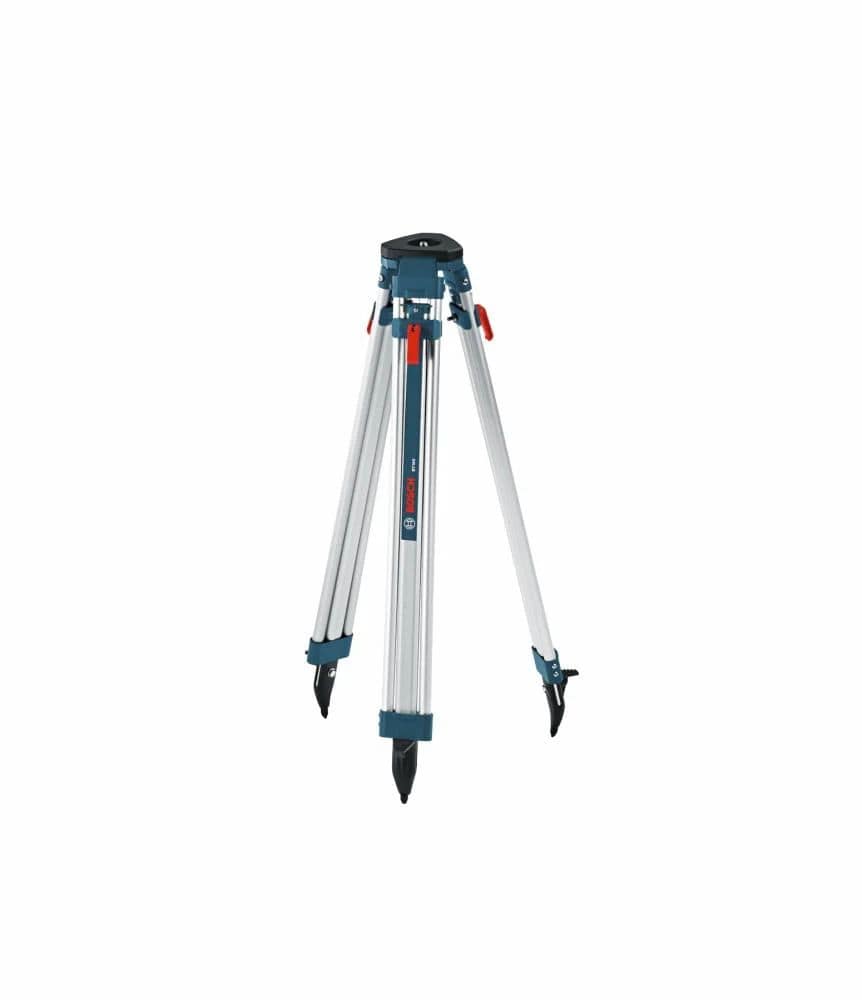 A full studio photograph of the silver and blue Bosch BT160 aluminum contractors' tripod in its standing position, showcasing its flat triangular mounting head, red quick-clamp release levers, and pointed black metal feet shoes against a solid white background.