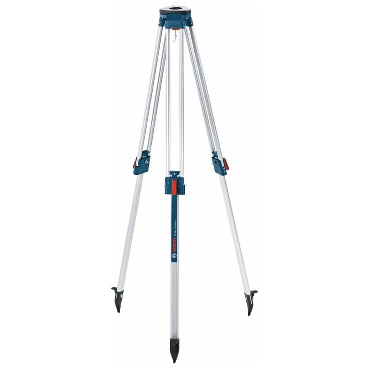A full vertical product shot of the Bosch 63-inch aluminum tripod with its telescoping legs partially extended, illustrating the interior plumb bob connection hook and the position of the blue structural leg dividers.