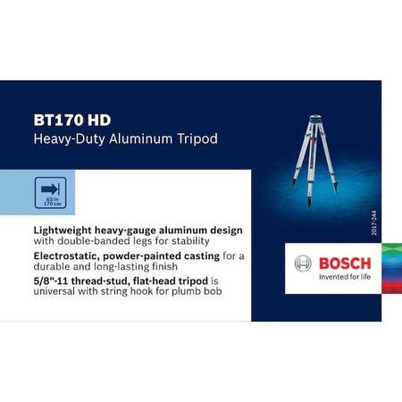 Bosch BT170 HD Heavy-Duty Aluminum Tripod with product details on a blue background