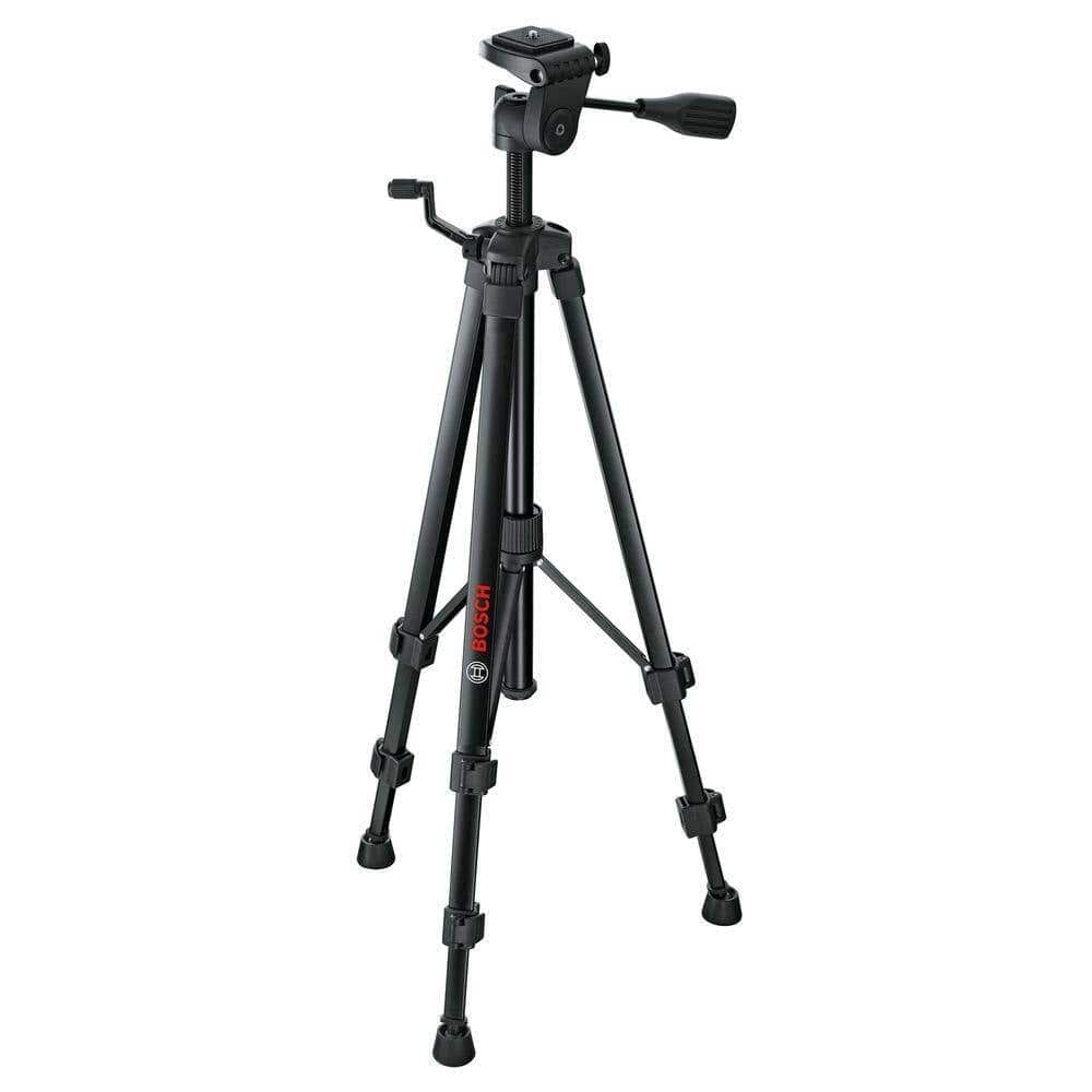 Bosch BT 150 tripod with flip locks, crank handle, and pan-tilt head; designed for stable mounting of tools or cameras.
