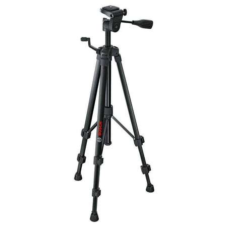 Bosch BT 150 tripod with flip locks, crank handle, and pan-tilt head; designed for stable mounting of tools or cameras.