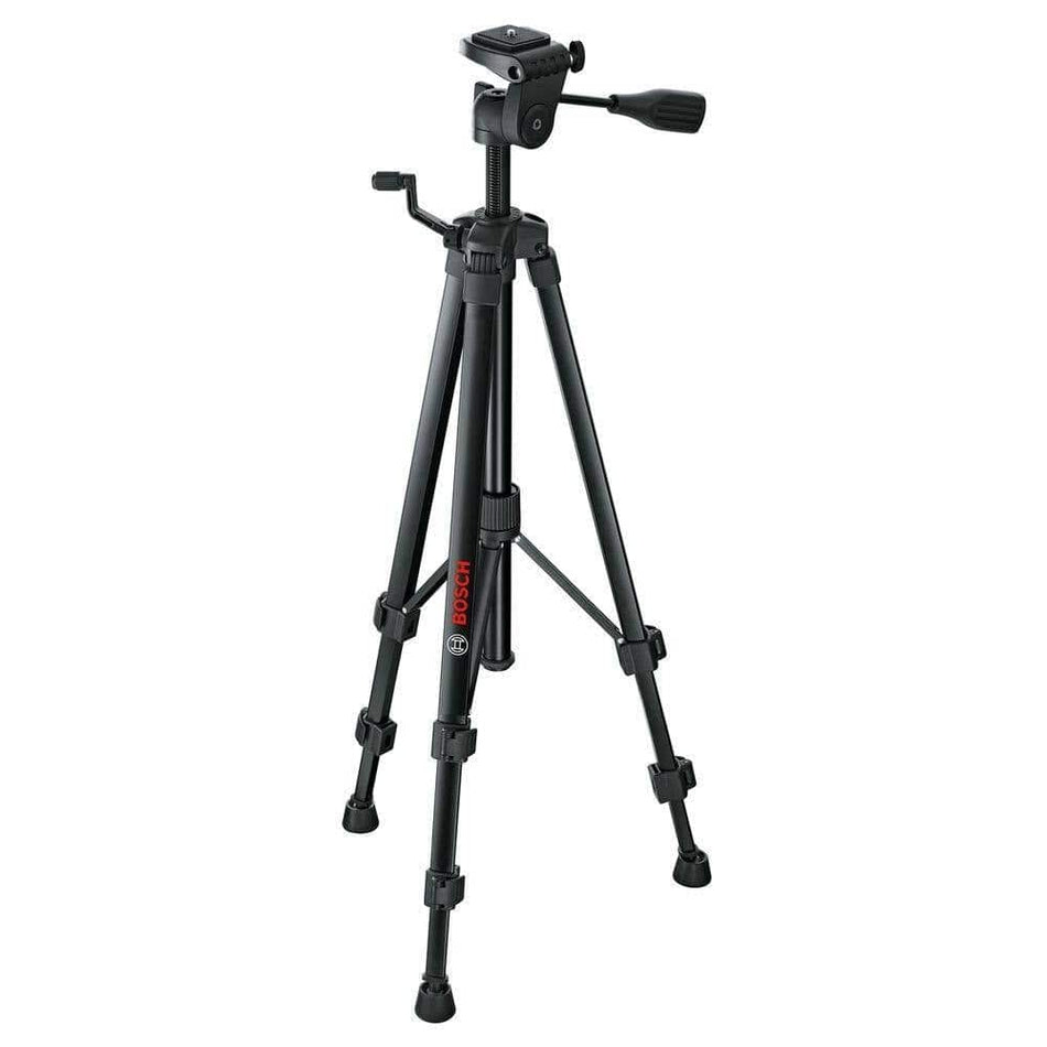 Bosch BT 150 tripod with flip locks, crank handle, and pan-tilt head; designed for stable mounting of tools or cameras.