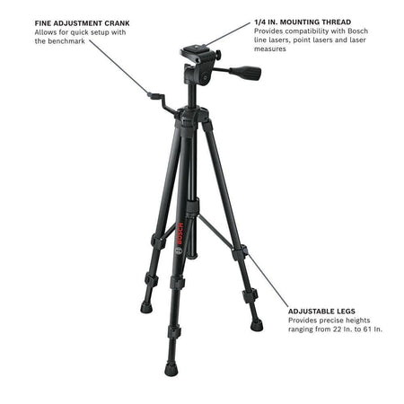 Labeled diagram of Bosch BT 150 tripod showing crank handle, mounting thread, and adjustable legs for laser level support.