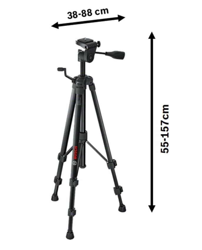 Bosch BT 150 tripod with extended legs and pan-tilt head; labeled dimensions show horizontal and vertical adjustment range.