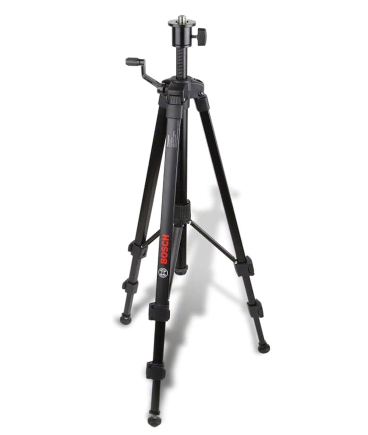 Bosch BT 150 tripod with adjustable legs, crank column, and mounting head for securing laser level or camera.