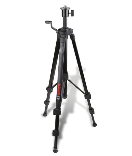 Bosch BT 150 tripod with adjustable legs, crank column, and mounting head for securing laser level or camera.