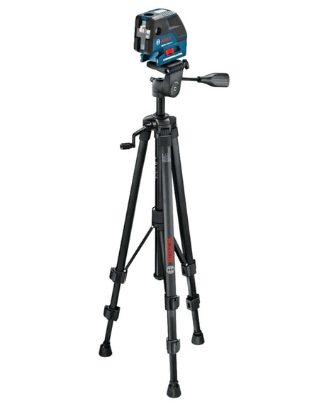 Bosch BT 150 tripod with mounted laser level; black frame with adjustable legs and crank handle for elevation.