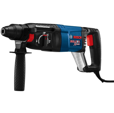 A left-side profile view of the Bosch Bulldog Xtreme rotary hammer with the auxiliary handle and metal depth gauge attached.