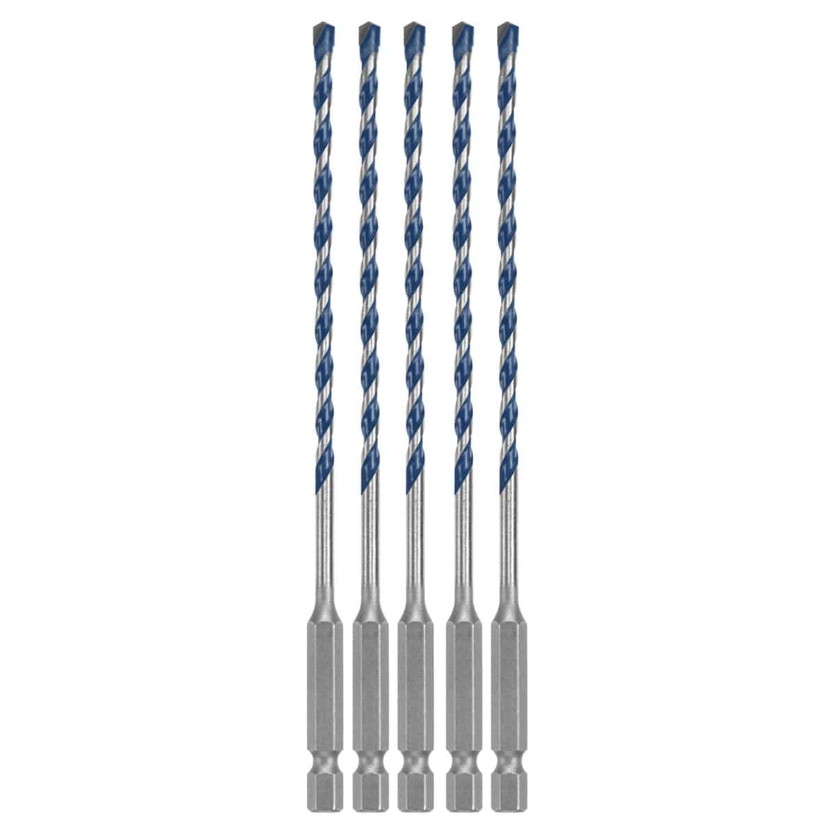 A clean studio product shot of the Bosch BXH025 bulk set arranged vertically and symmetrically against a crisp white background, showcasing exactly five identical Blue Xtreme masonry drill bits, with each individual bit detailing its solid 1/4-inch hex shank base, slim high-carbon steel body shaft, deep spiral U-flutes painted with a signature blue finish, and sharp carbide centering tip.
