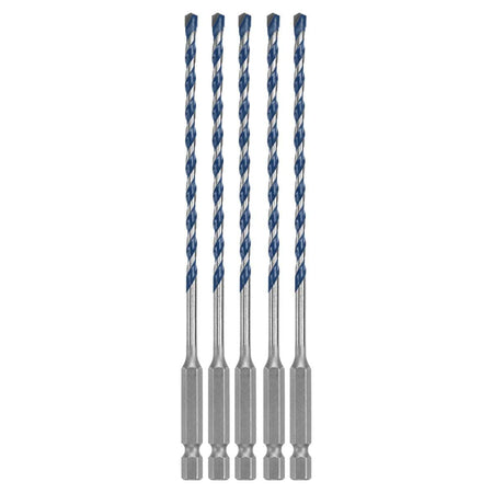 A clean studio product shot of the Bosch BXH025 bulk set arranged vertically and symmetrically against a crisp white background, showcasing exactly five identical Blue Xtreme masonry drill bits, with each individual bit detailing its solid 1/4-inch hex shank base, slim high-carbon steel body shaft, deep spiral U-flutes painted with a signature blue finish, and sharp carbide centering tip.