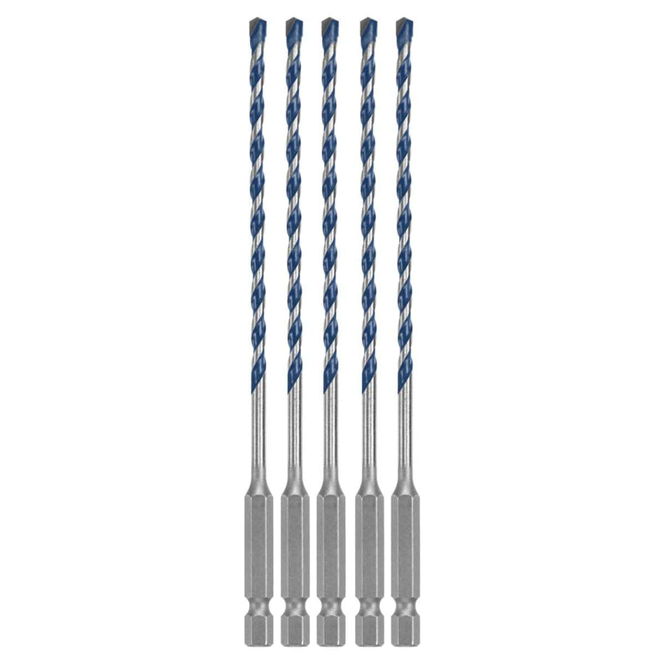 A clean studio product shot of the Bosch BXH025 bulk set arranged vertically and symmetrically against a crisp white background, showcasing exactly five identical Blue Xtreme masonry drill bits, with each individual bit detailing its solid 1/4-inch hex shank base, slim high-carbon steel body shaft, deep spiral U-flutes painted with a signature blue finish, and sharp carbide centering tip.
