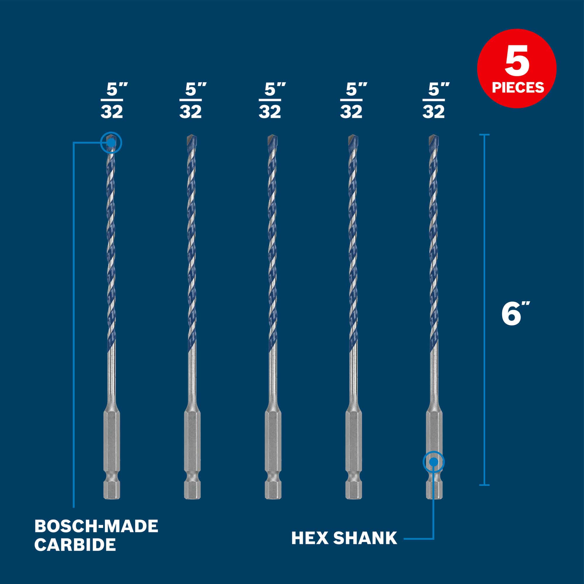 A technical product diagram of the 5-piece Bosch Blue Xtreme bit layout on a solid blue background under a red circular marketing badge reading 5 PIECES, showing dimensional lines identifying each bit's 5/32-inch head diameter and 6-inch overall tool length, complete with text callouts indicating the Bosch-made carbide tip and hex shank base.