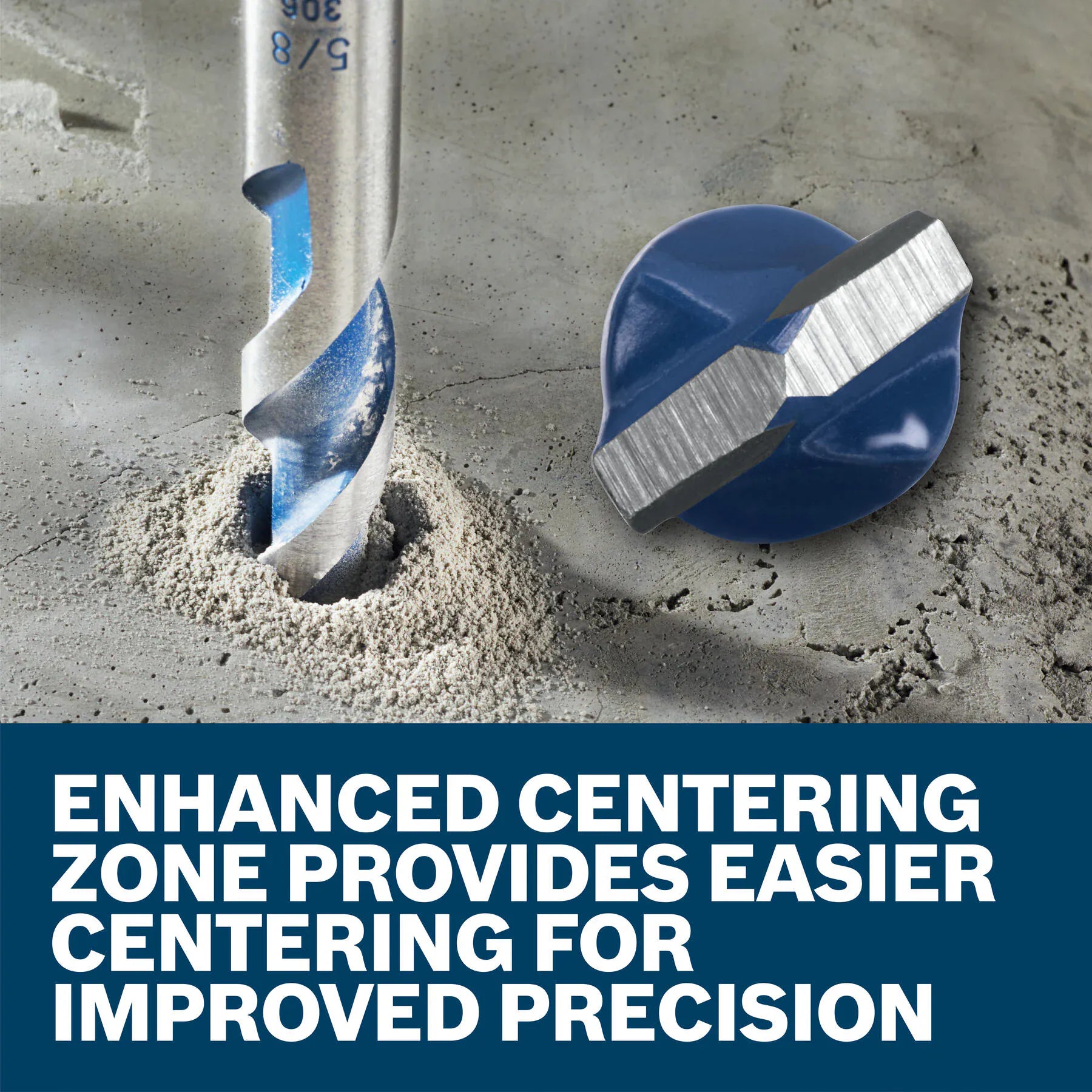 A dual close-up graphic illustrating a Blue Xtreme bit plunging directly into a concrete surface bed while clearing out concrete flour dust, positioned next to a top-down macro view of the specialized carbide head cutting geometry, sitting above a white text caption reading ENHANCED CENTERING ZONE PROVIDES EASIER CENTERING FOR IMPROVED PRECISION.