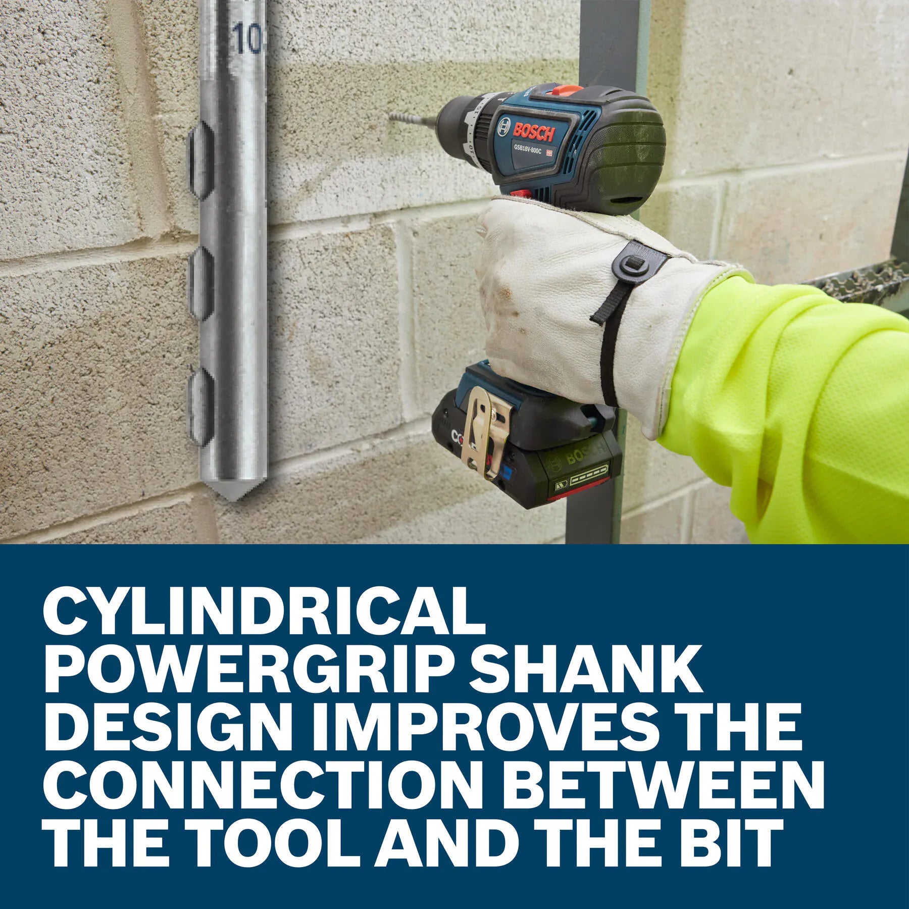 An application graphic showing a construction tradesman in a high-visibility green jacket using a cordless Bosch hammer drill to pierce a stacked cinder block wall, with a magnified overlay diagram highlighting the multi-flatted profile of the cylindrical PowerGrip shank below white text reading CYLINDRICAL POWERGRIP SHANK DESIGN IMPROVES THE CONNECTION BETWEEN THE TOOL AND THE BIT.