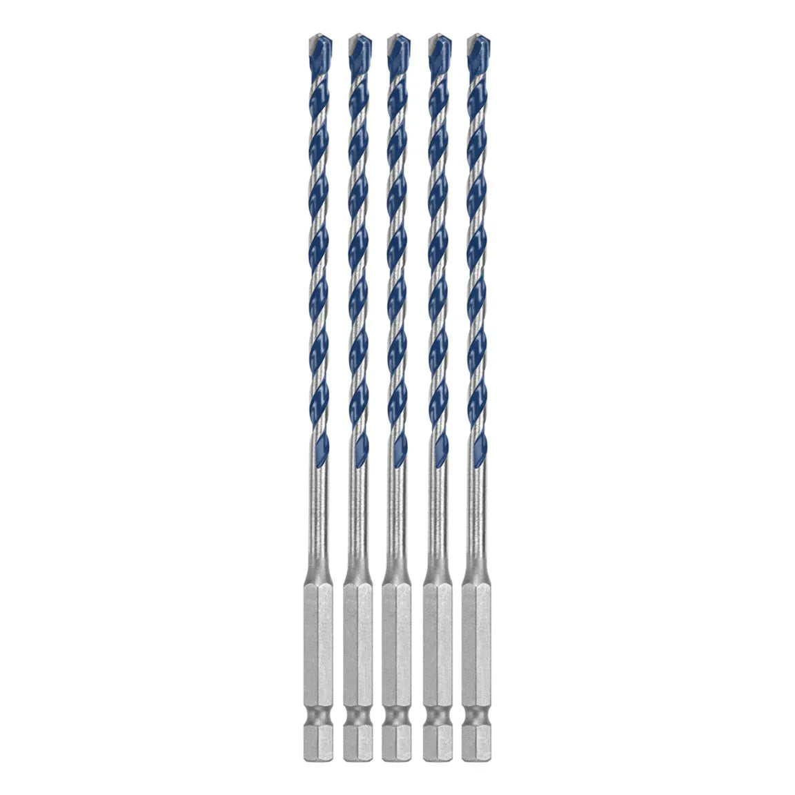 A clean studio product shot of the Bosch BXH045 masonry drill bit set arranged vertically and symmetrically against a solid white background, showcasing exactly five identical Blue Xtreme bits, with each individual bit detailing its 1/4-inch hex shank base, slim steel transition shaft, deep spiral U-flutes finished with a blue coating, and sharp carbide cutting tip.